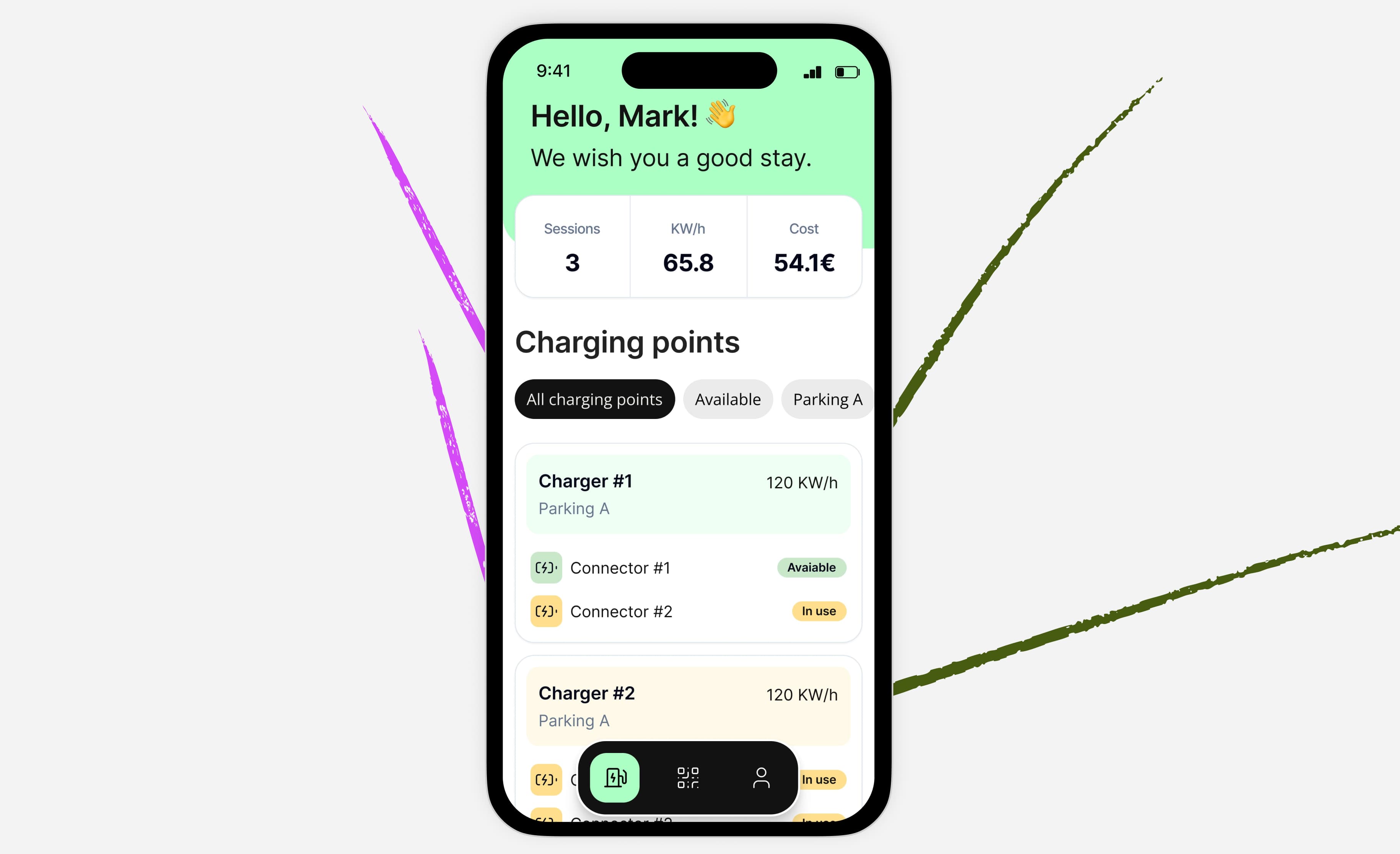 KeyWatt dashboard and mobile guest view showing active EV charging sessions, with a 1-month free trial promotion and no setup fees.